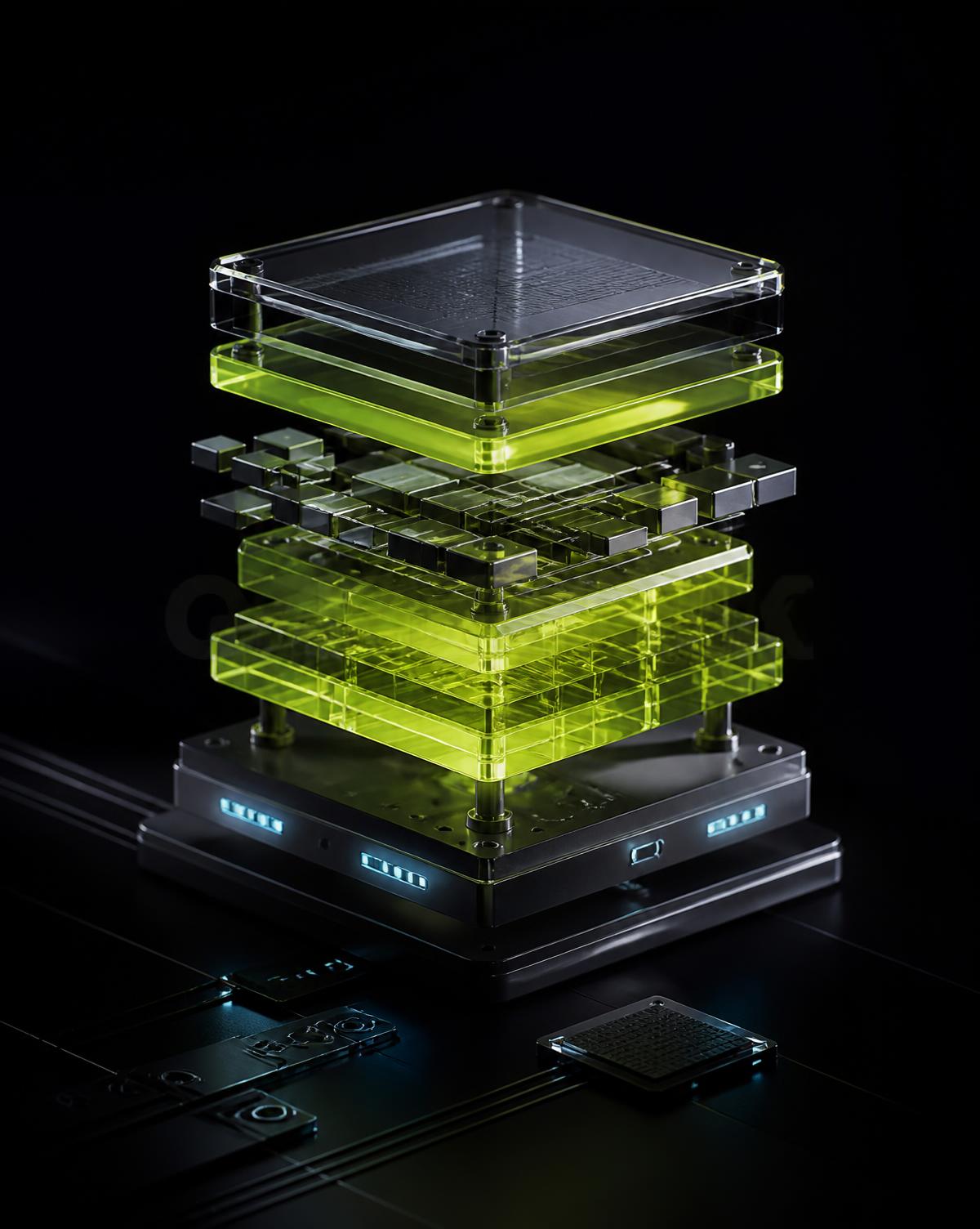 A layered luminous AI asset assembling from modular glass components