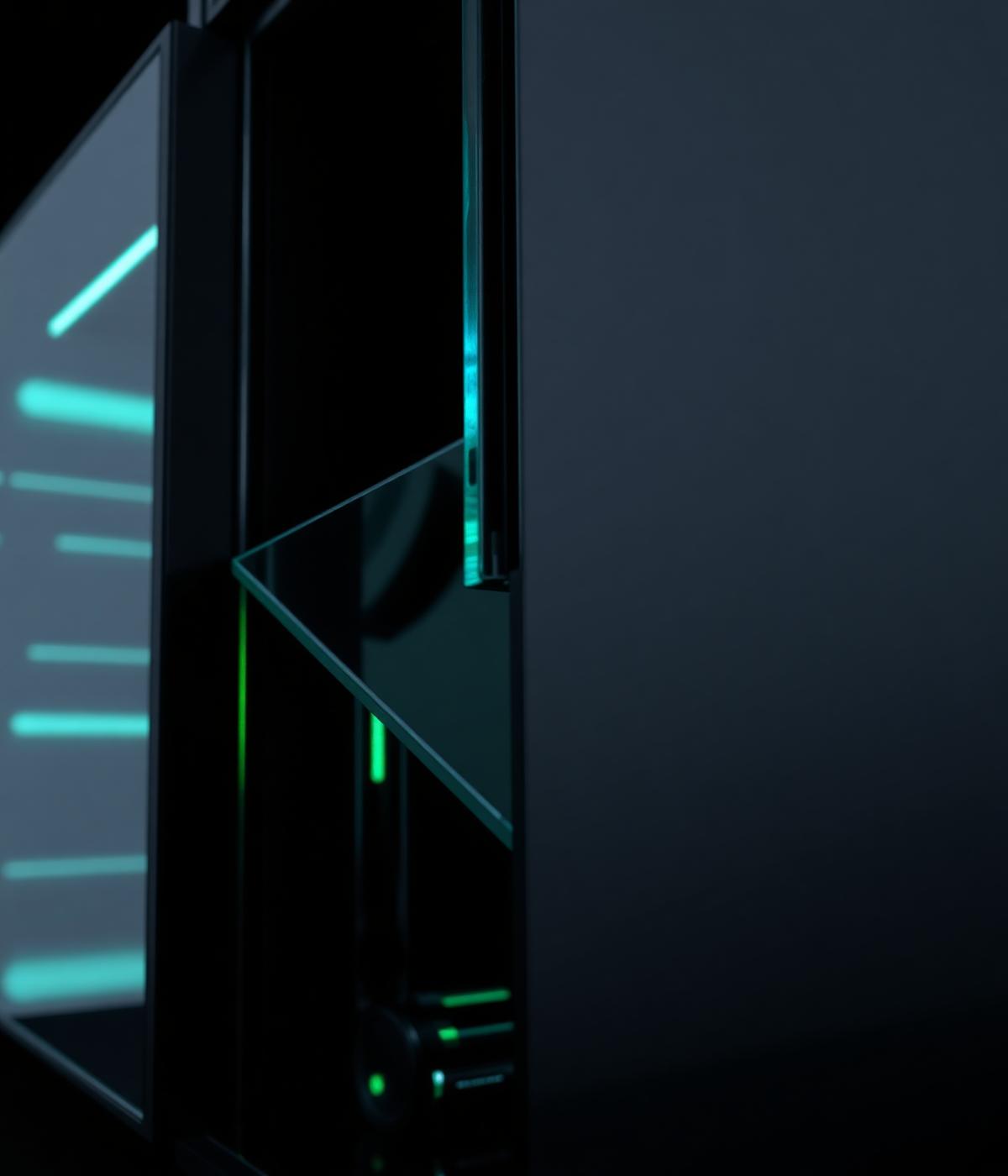 Layered black glass modules assembling into a structured system